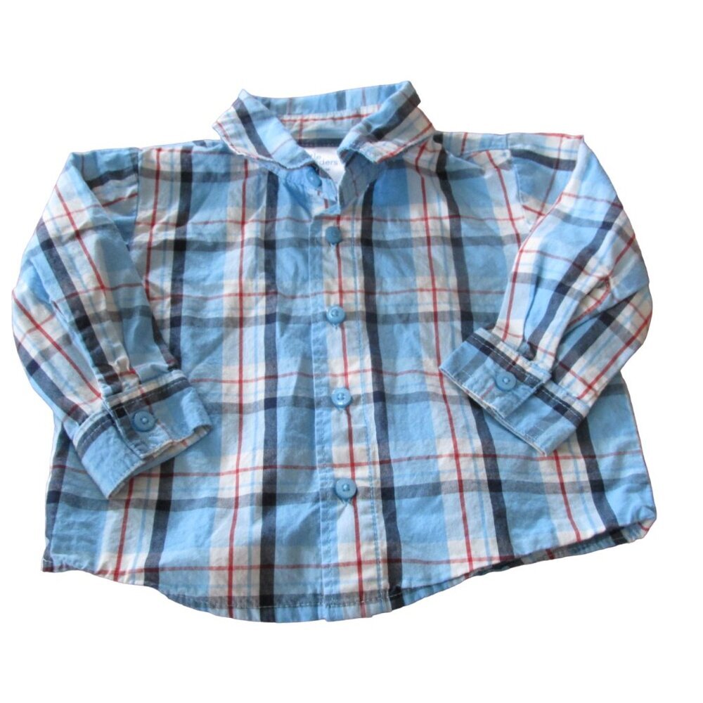 Little Wonders Button Up Dress Shirt Boys 3-6M Blue Plaid Long Sleeve Collar Top